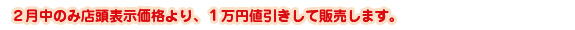 2月中のみ店頭表示価格より、１万円値引きして販売します。